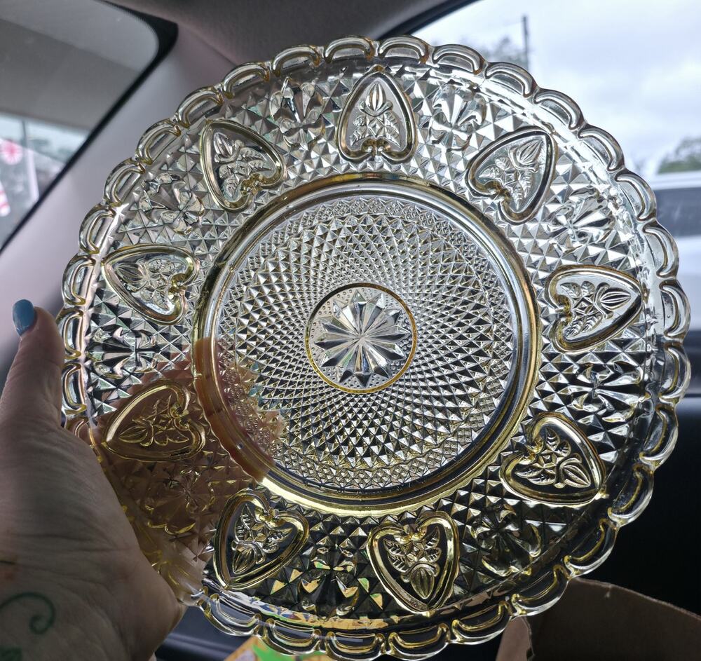 Vintage Amber Clear Pressed Glass Heart Motif Serving Plate Scalloped Edge
